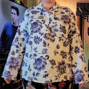 White, XL womens tunic-like blouse with purple flowers